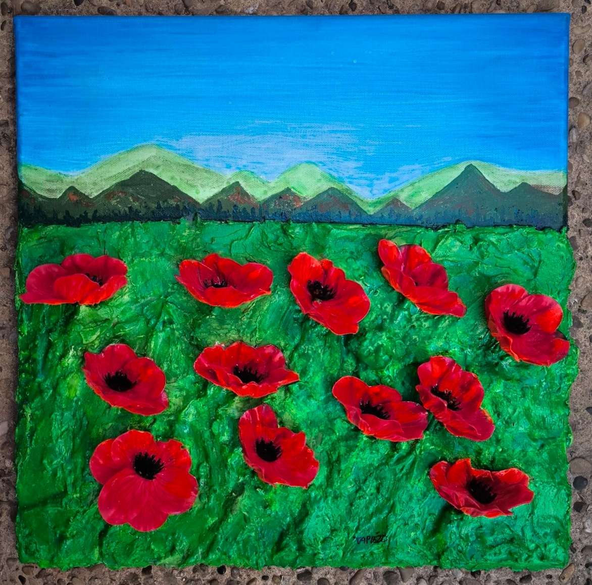 Une œuvre vibrante, intense, en quête d'harmonie. Coquelicots en relief 3d. Mise en scène dans la technique de peinture au sable. François Tapiézo s'inscrit dans une démarche d'art contemporain novateur en Provence. Les pigments, une matière naturelle, noble et vivante, dialogue avec une peinture imaginative et toujours joyeuse. Des textures récompensées dans le monde entier.