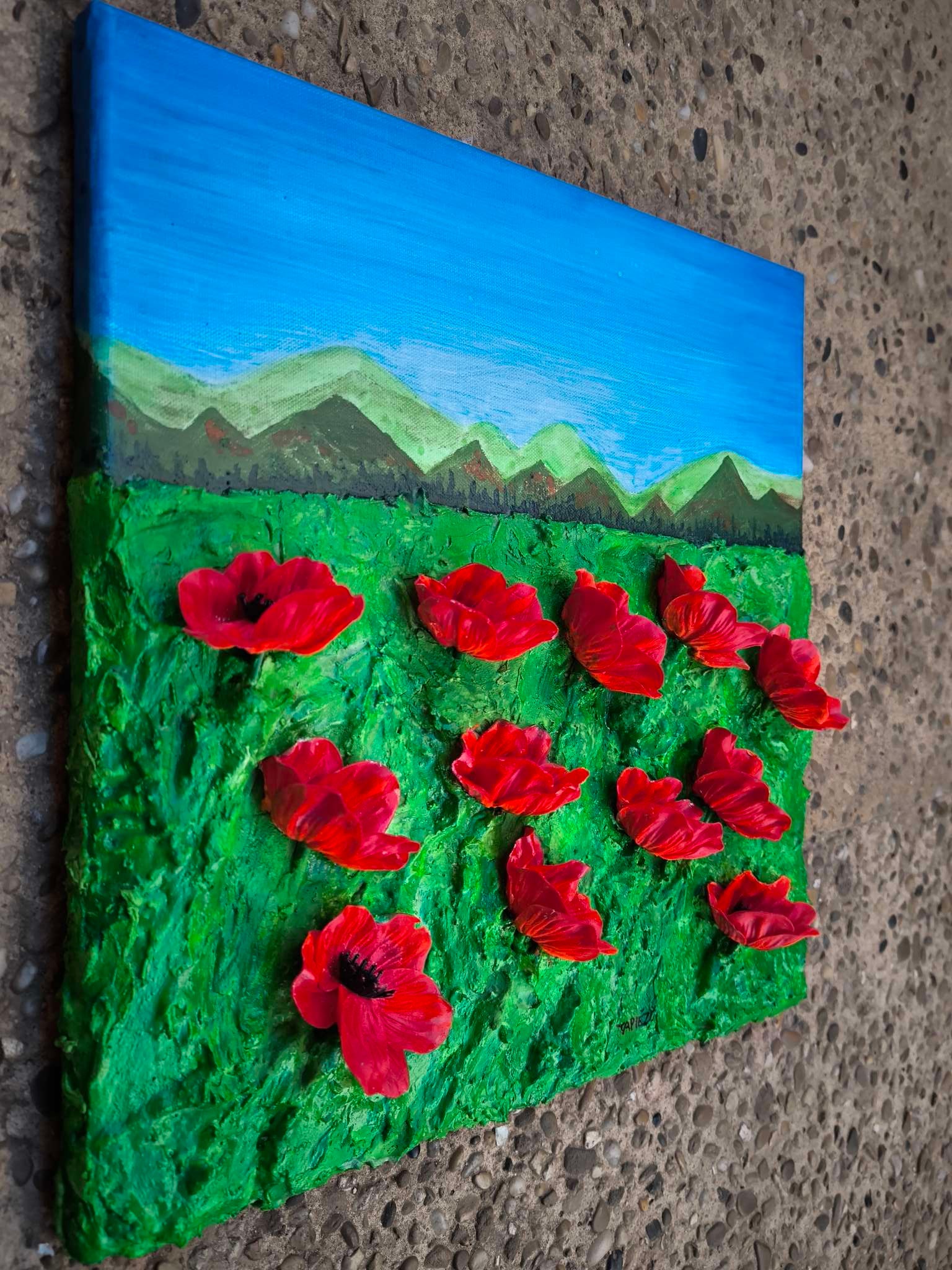 Une œuvre vibrante, intense, en quête d'harmonie. Coquelicots en relief 3d. Mise en scène dans la technique de peinture au sable. François Tapiézo s'inscrit dans une démarche d'art contemporain novateur en Provence. Les pigments, une matière naturelle, noble et vivante, dialogue avec une peinture imaginative et toujours joyeuse. Des textures récompensées dans le monde entier.
