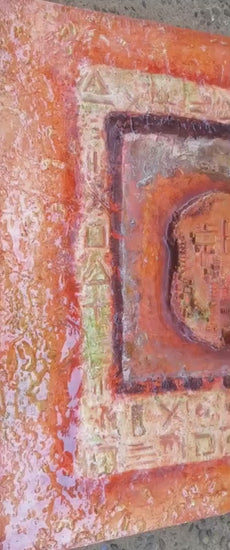 Texture d’art contemporain en matières 3D. Carte électronique de l'AIRBUS A380 et signes universels sculptés dans une texture de sables et pigments ocrés de Roussillon en Provence par François Tapiézo. Finition résine brillante.