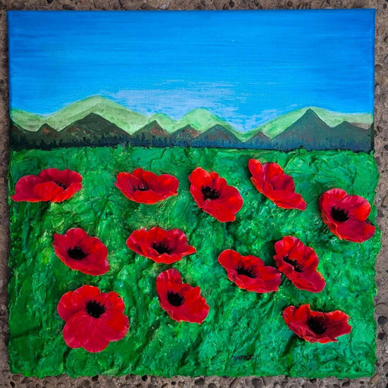Une œuvre vibrante, intense, en quête d'harmonie. Coquelicots en relief 3d. Mise en scène dans la technique de peinture au sable. François Tapiézo s'inscrit dans une démarche d'art contemporain novateur en Provence. Les pigments, une matière naturelle, noble et vivante, dialogue avec une peinture imaginative et toujours joyeuse. Des textures récompensées dans le monde entier.