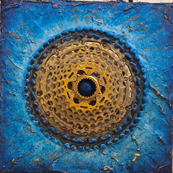Dans cette œuvre, François Tapiézo célèbre le mouvement perpétuel à travers un assemblage unique de pièces industrielles et de cycle. La cassette de vélo, élément central de la composition, forme une pyramide dorée qui symbolise la dynamique solaire et l'énergie infinie du mouvement.
Le contraste entre les matériaux bruts – acier, bois, sables – et la douceur des pigments de Provence rehaussés à l'or crée une harmonie visuelle captivante. L'or appliqué au pinceau de soie sublime chaque détail des textures.